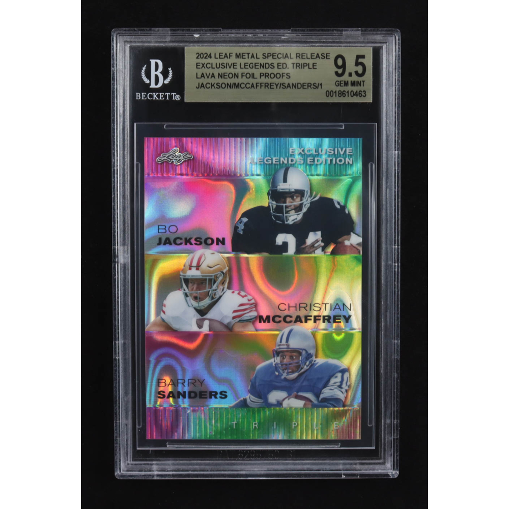Christian Mccaffrey / Bo Jackson / Barry Sanders 2024 Leaf Metal Special Release Exclusive Legends Ed. Triple Lava Neon Foil Proofs (BGS 9.5) at PristineAuction.com