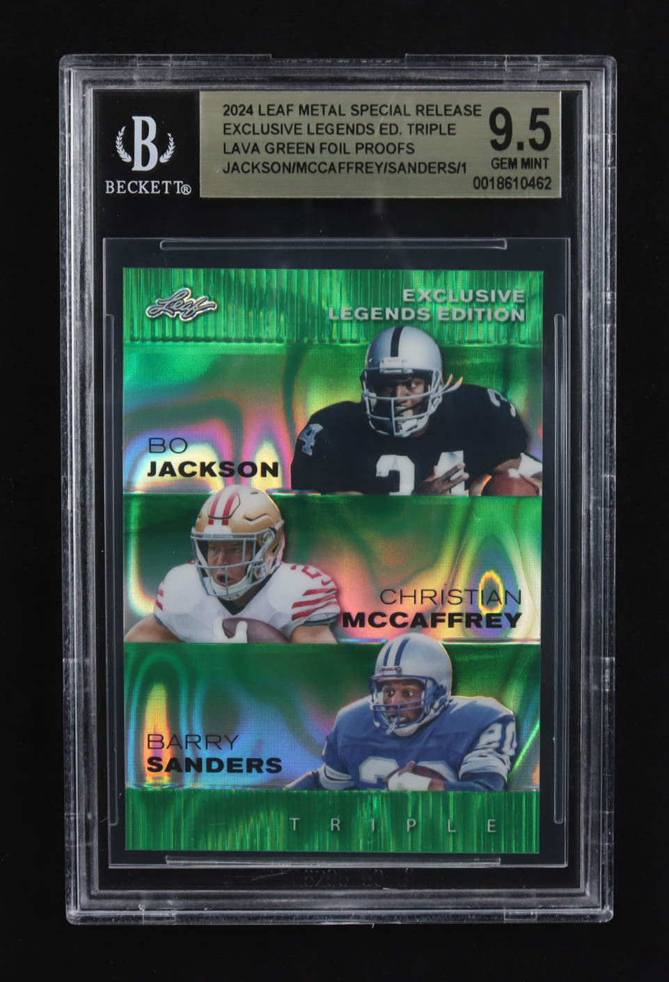 Christian Mccaffrey / Bo Jackson / Barry Sanders 2024 Leaf Metal Special Release Exclusive Legends Ed. Triple Lava Green Foil Proofs (BGS 9.5) at PristineAuction.com Christian Mccaffrey / Bo Jackson / Barry Sanders 2024 Leaf Metal Special Release Exclusive Legends Ed. Triple Lava Green Foil Proofs (BGS 9.5) at PristineAuction.com