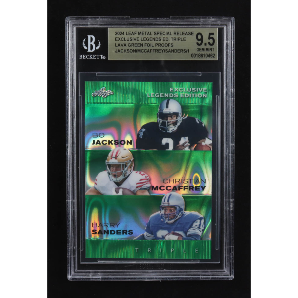 Christian Mccaffrey / Bo Jackson / Barry Sanders 2024 Leaf Metal Special Release Exclusive Legends Ed. Triple Lava Green Foil Proofs (BGS 9.5) at PristineAuction.com