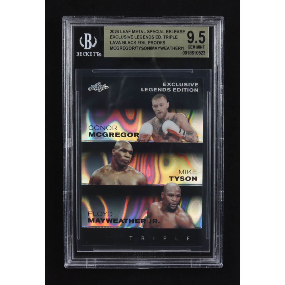 Conor Mcgregor / Mike Tyson / Floyd Mayweather Jr. 2024 Leaf Metal Special Release Exclusive Legends Ed. Triple Lava Black Foil Proofs (BGS 9.5) at PristineAuction.com