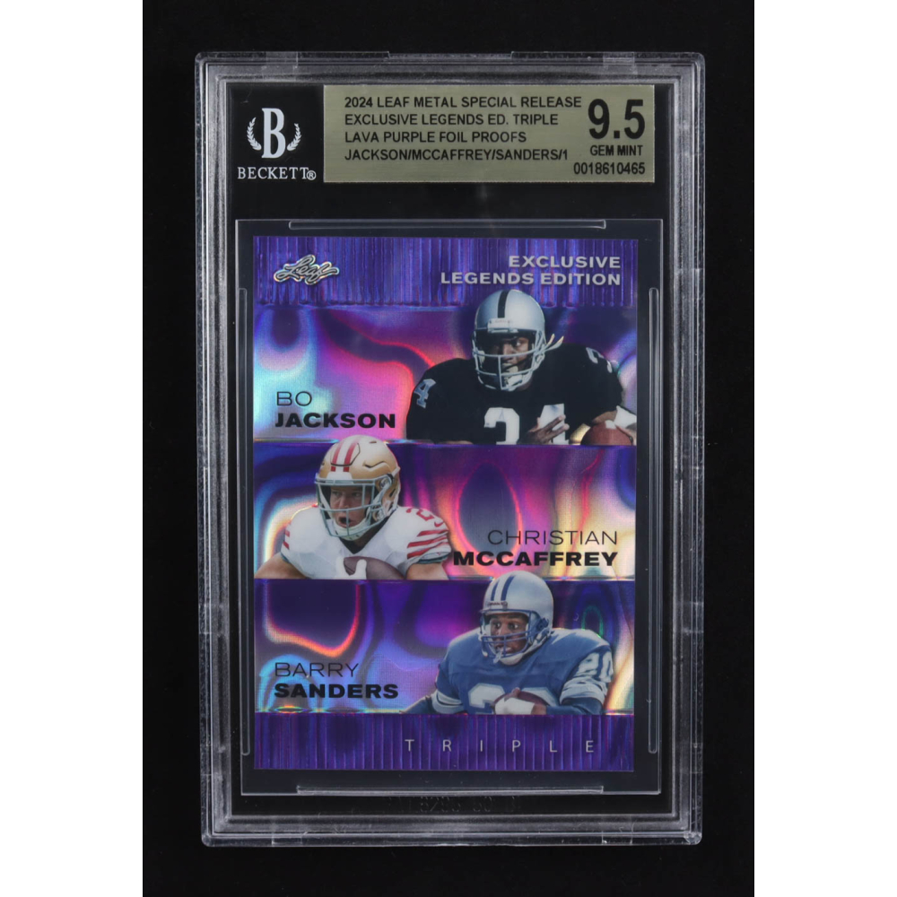 Christian Mccaffrey / Bo Jackson / Barry Sanders 2024 Leaf Metal Special Release Exclusive Legends Ed. Triple Lava Purple Foil Proofs (BGS 9.5) at PristineAuction.com