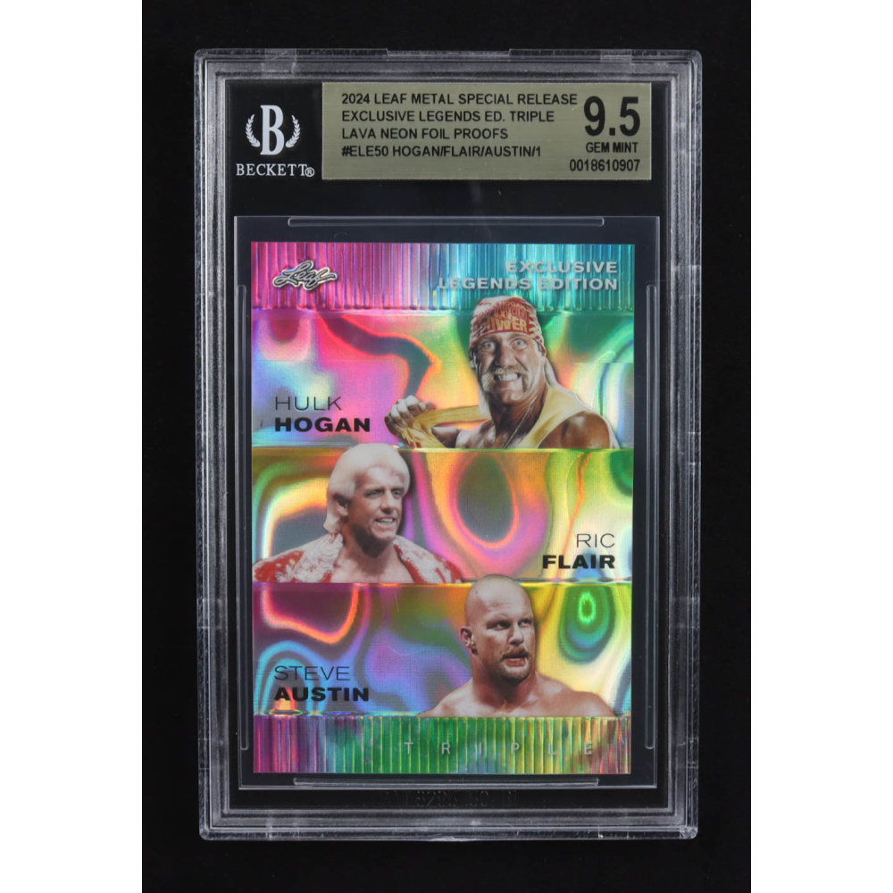 Hulk Hogan / Ric Flair / Steve Austin 2024 Leaf Metal Special Release Exclusive Legends Ed. Triple Lava Neon Foil Proofs #ELE50 (BGS 9.5) at PristineAuction.com