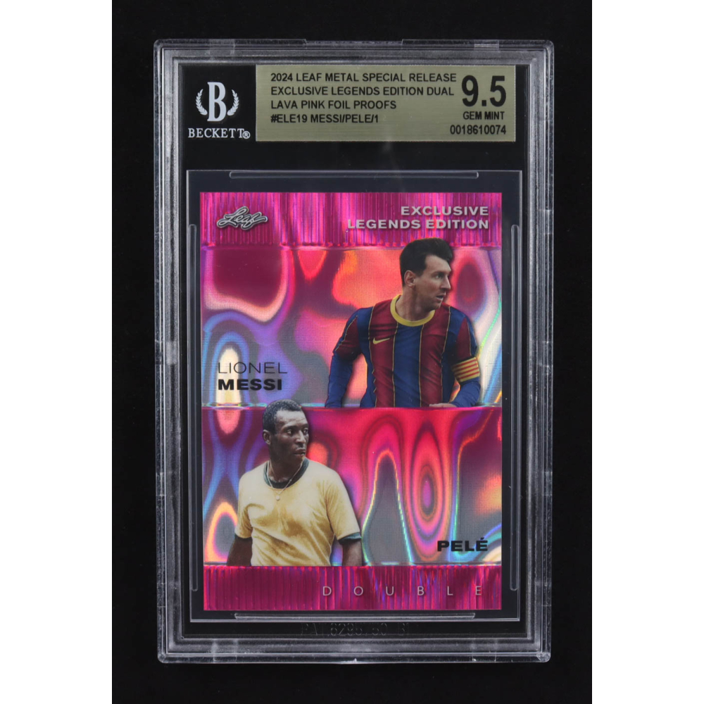 Lionel Messi / Pele 2024 Leaf Metal Special Release Exclusive Legends Ed. Dual Lava Pink Foil Proofs #ELE19 (BGS 9.5) at PristineAuction.com