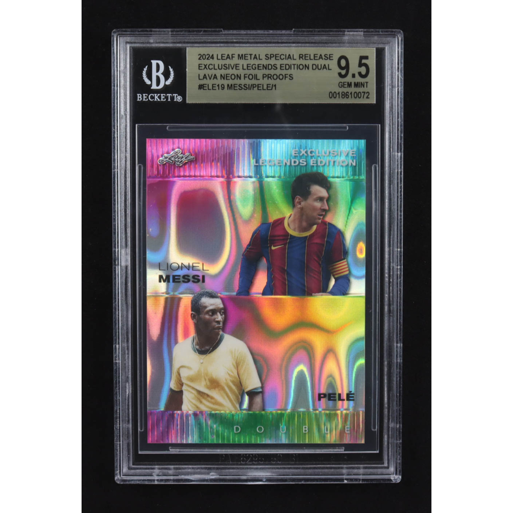 Lionel Messi / Pele 2024 Leaf Metal Special Release Exclusive Legends Ed. Dual Lava Neon Foil Proofs #ELE19 (BGS 9.5) at PristineAuction.com