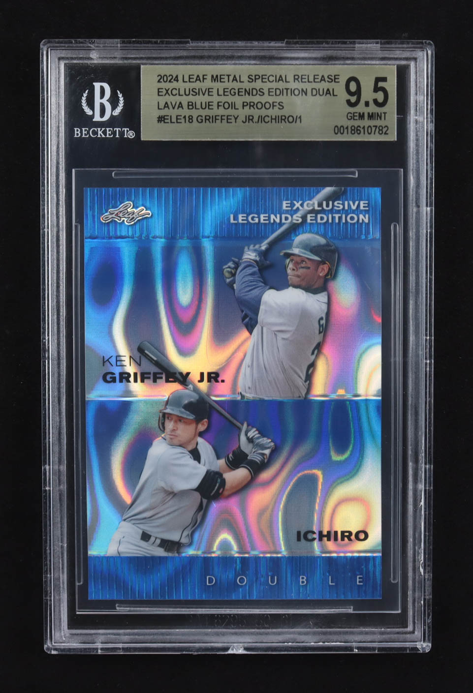 Ken Griffey Jr. / Ichiro Suzuki 2024 Leaf Metal Special Release Exclusive Legends Ed. Dual Lava Blue Foil Proofs #ELE18 (BGS 9.5) at PristineAuction.com Ken Griffey Jr. / Ichiro Suzuki 2024 Leaf Metal Special Release Exclusive Legends Ed. Dual Lava Blue Foil Proofs #ELE18 (BGS 9.5) at PristineAuction.com