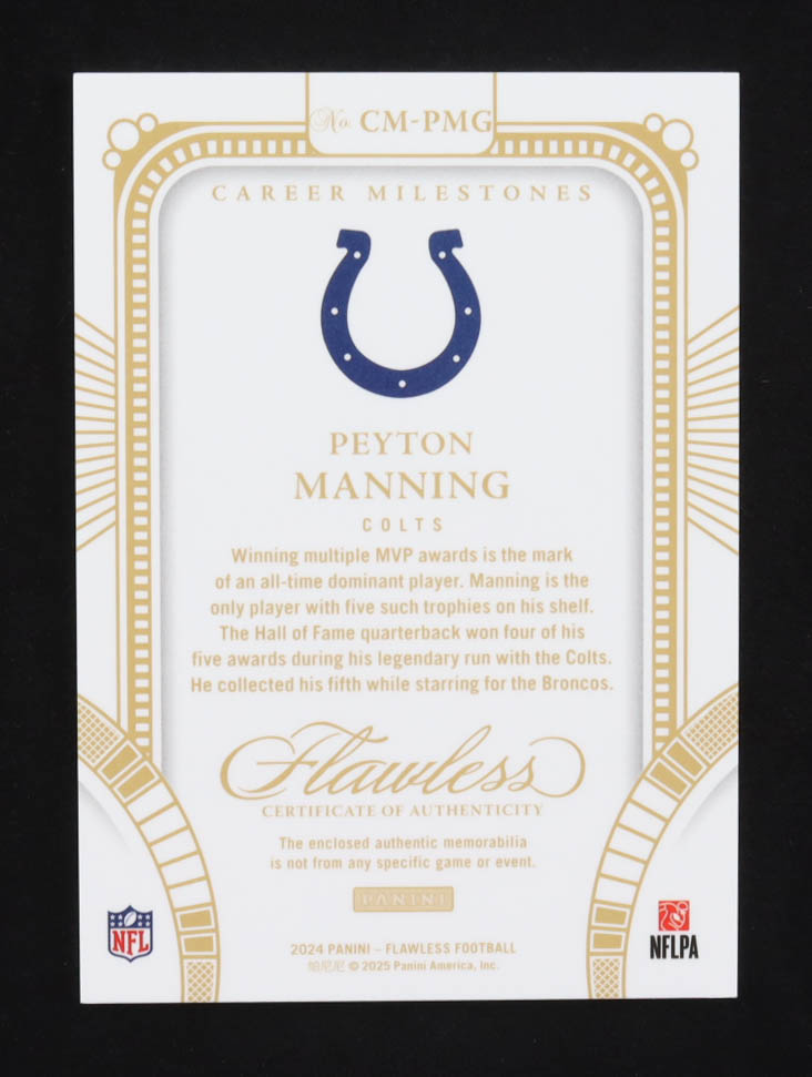 Peyton Manning 2024 Panini Flawless Career Milestones Dual Patches #7 #05/15 at PristineAuction.com Peyton Manning 2024 Panini Flawless Career Milestones Dual Patches #7 #05/15 at PristineAuction.com