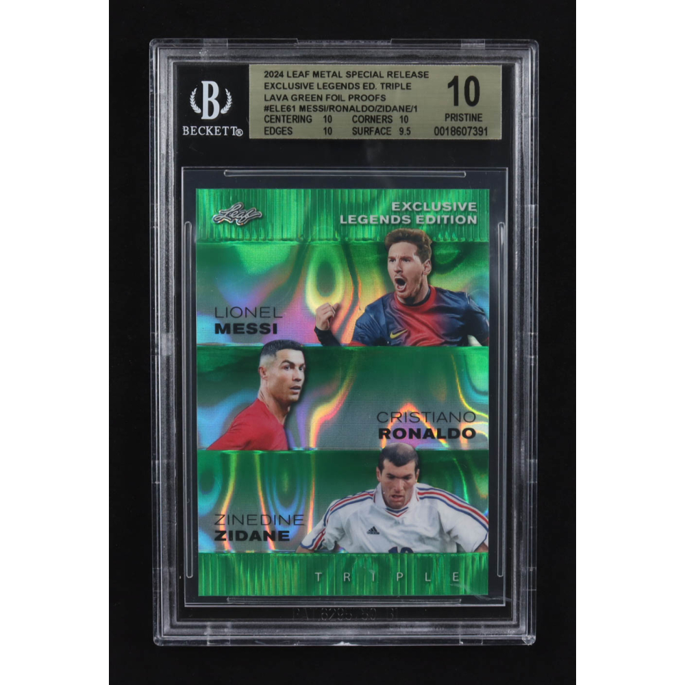 Lionel Messi / Zinedine Zidane / Cristiano Ronaldo 2024 Leaf Metal Special Release Exclusive Legends Ed. Triple Lava Green Foil Proofs #ELE61 (BGS 10) at PristineAuction.com
