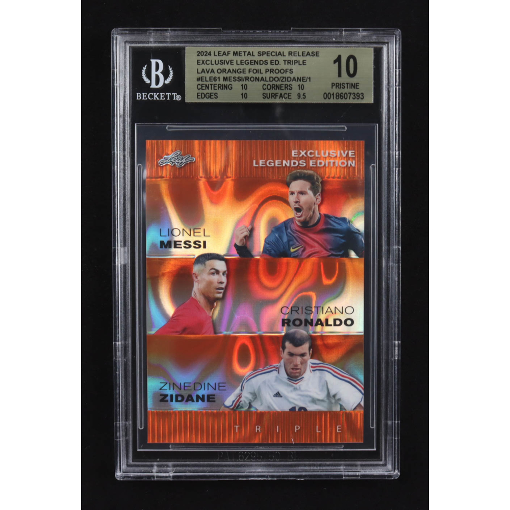 Lionel Messi / Zinedine Zidane / Cristiano Ronaldo 2024 Leaf Metal Special Release Exclusive Legends Ed. Triple Lava Orange Foil Proofs #ELE61 (BGS 10) at PristineAuction.com