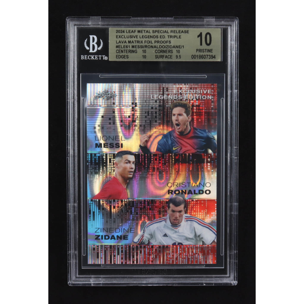 Lionel Messi / Zinedine Zidane / Cristiano Ronaldo 2024 Leaf Metal Special Release Exclusive Legends Ed. Triple Lava Matrix Foil Proofs #ELE61 (BGS 10) at PristineAuction.com
