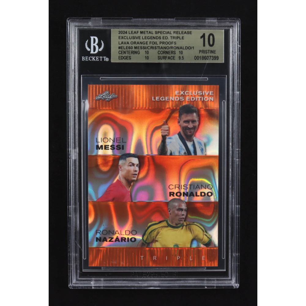 Lionel Messi / Ronaldo Nazario / Cristiano Ronaldo 2024 Leaf Metal Special Release Exclusive Legends Ed. Triple Lava Orange Foil Proofs #ELE60 (BGS 10) at PristineAuction.com