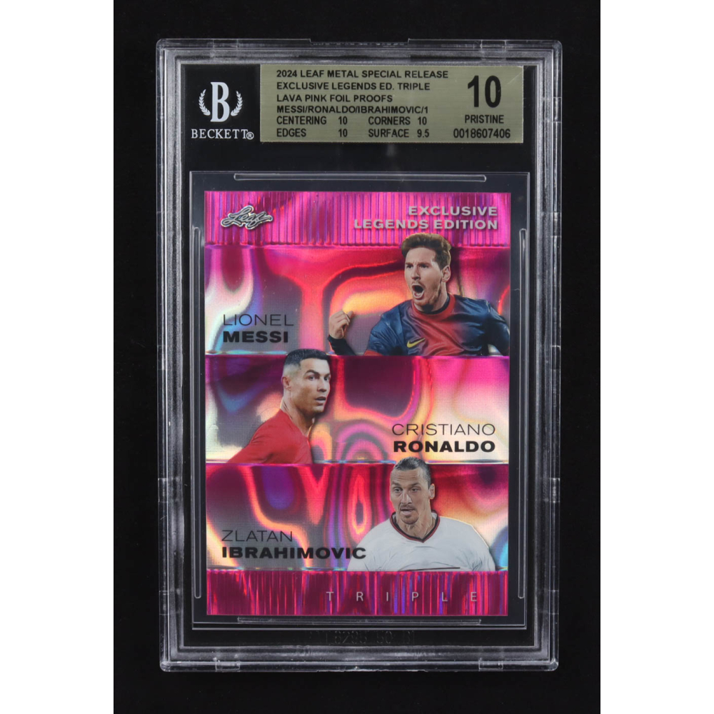 Lionel Messi / Zlatan Ibrahimovic / Cristiano Ronaldo 2024 Leaf Metal Special Release Exclusive Legends Ed. Triple Lava Pink Foil Proofs (BGS 10) at PristineAuction.com
