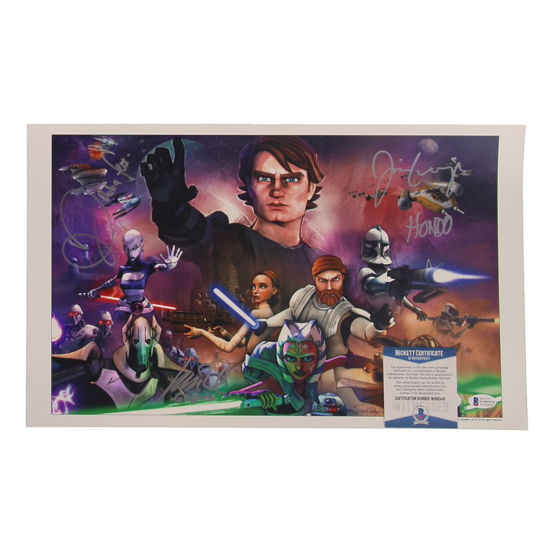 Daniel Logan, Jim Cummings, & Matt Wood Signed "Star Wars: The Clone Wars" 12x18 Poster with Character Inscriptions (Beckett) at PristineAuction.com Daniel Logan, Jim Cummings, & Matt Wood Signed "Star Wars: The Clone Wars" 12x18 Poster with Character Inscriptions (Beckett) at PristineAuction.com