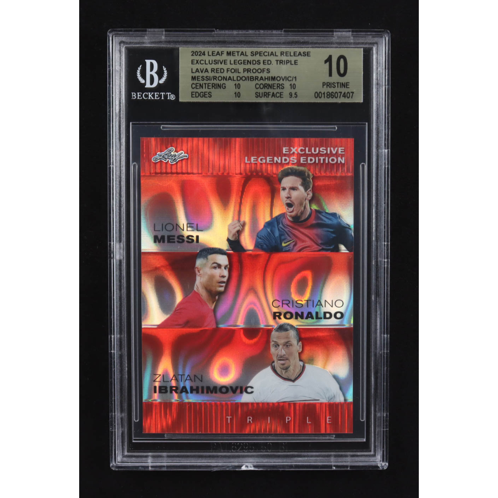 Lionel Messi / Zlatan Ibrahimovic / Cristiano Ronaldo 2024 Leaf Metal Special Release Exclusive Legends Ed. Triple Lava Red Foil Proofs (BGS 10) at PristineAuction.com