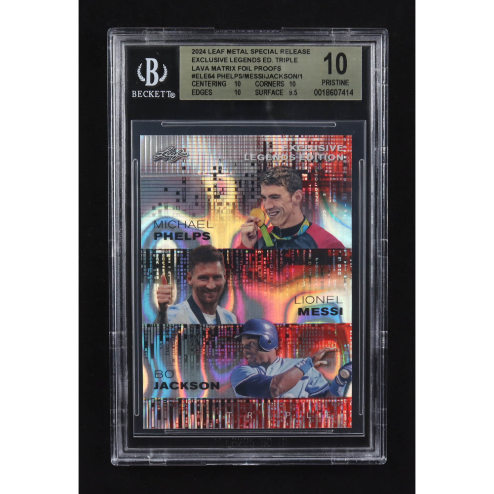 Lionel Messi / Michael Phelps / Bo Jackson 2024 Leaf Metal Special Release Exclusive Legends Ed. Triple Lava Matrix Foil Proofs #ELE64 (BGS 10) at PristineAuction.com