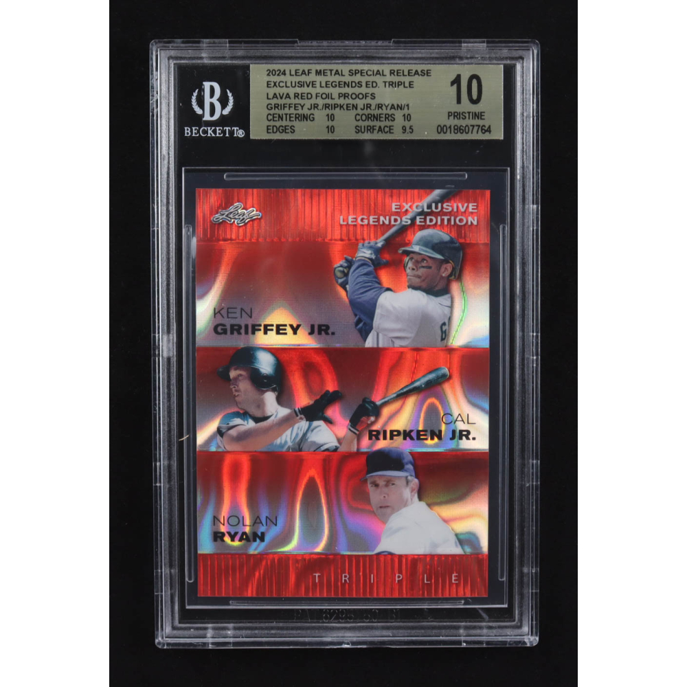 Ken Griffey Jr. / Cal Ripken Jr. / Nolan Ryan 2024 Leaf Metal Special Release Exclusive Legends Ed. Triple Lava Red Foil Proofs (BGS 10) at PristineAuction.com