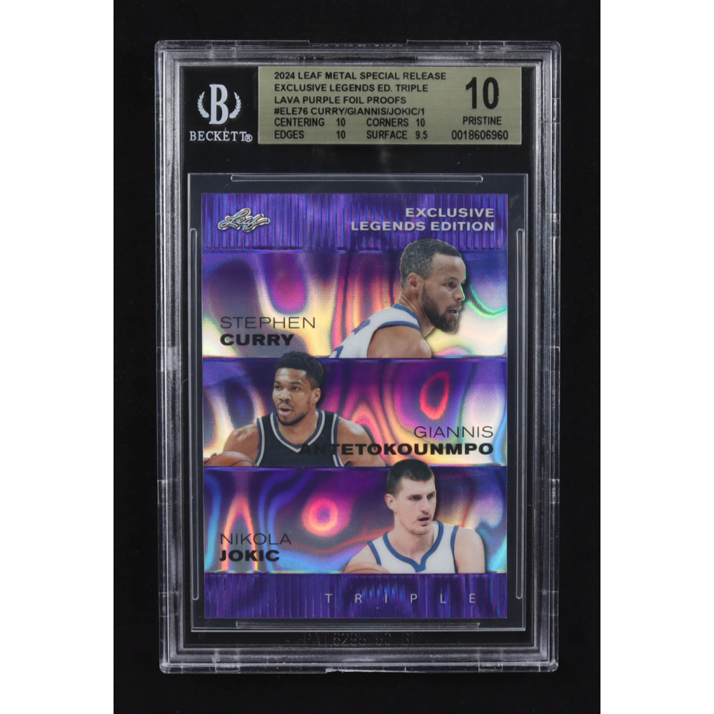 Nikola Jokic / Giannis Antetokounmpo / Stephen Curry 2024 Leaf Metal Special Release Exclusive Legends Ed. Triple Lava Purple Foil Proofs #ELE76 (BGS 10) at PristineAuction.com