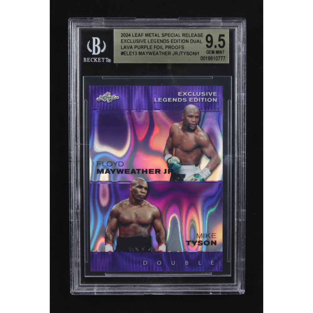 Mike Tyson / Floyd Mayweather Jr. 2024 Leaf Metal Special Release Exclusive Legends Ed. Dual Lava Purple Foil Proofs #ELE13 (BGS 9.5) at PristineAuction.com