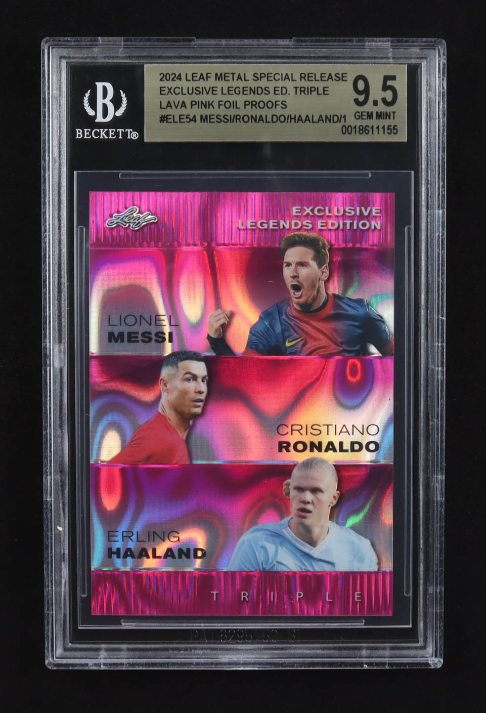 Lionel Messi / Erling Haaland / Cristiano Ronaldo 2024 Leaf Metal Special Release Exclusive Legends Ed. Triple Lava Pink Foil Proofs #ELE54 (BGS 9.5) at PristineAuction.com Lionel Messi / Erling Haaland / Cristiano Ronaldo 2024 Leaf Metal Special Release Exclusive Legends Ed. Triple Lava Pink Foil Proofs #ELE54 (BGS 9.5) at PristineAuction.com