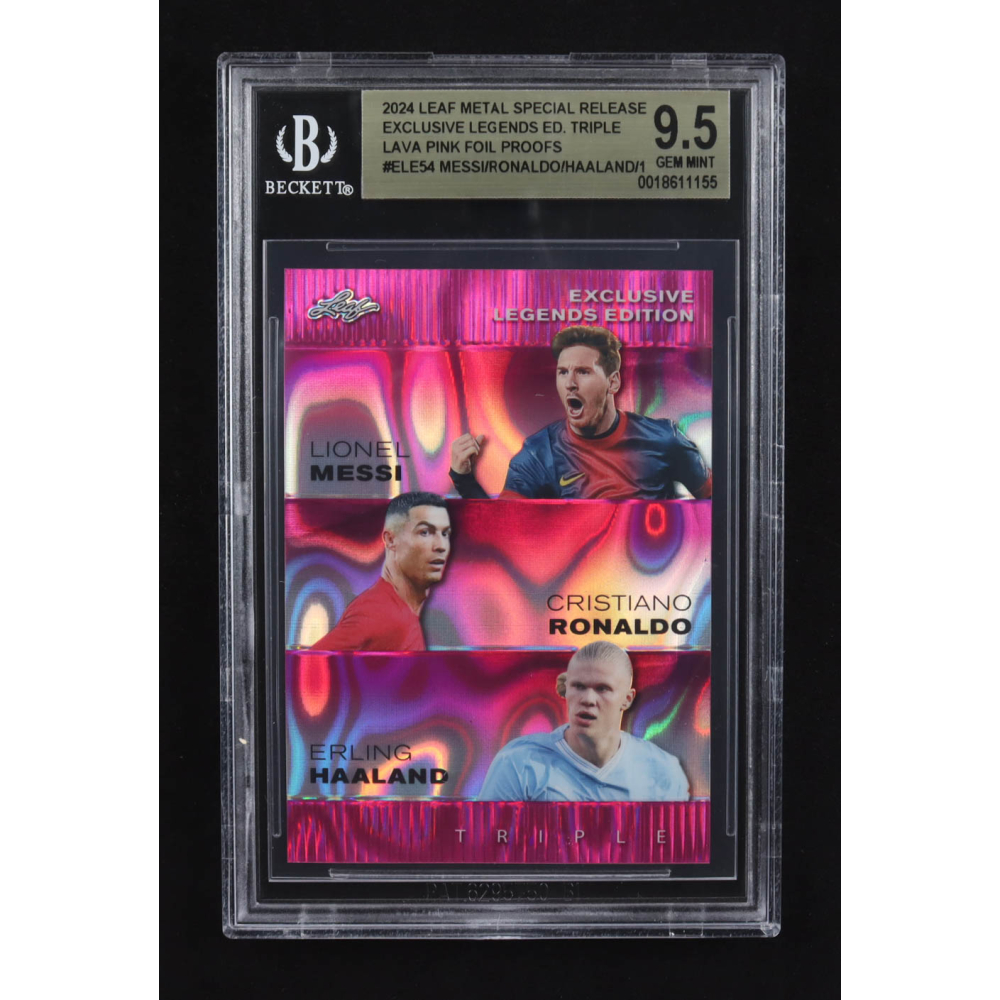 Lionel Messi / Erling Haaland / Cristiano Ronaldo 2024 Leaf Metal Special Release Exclusive Legends Ed. Triple Lava Pink Foil Proofs #ELE54 (BGS 9.5) at PristineAuction.com