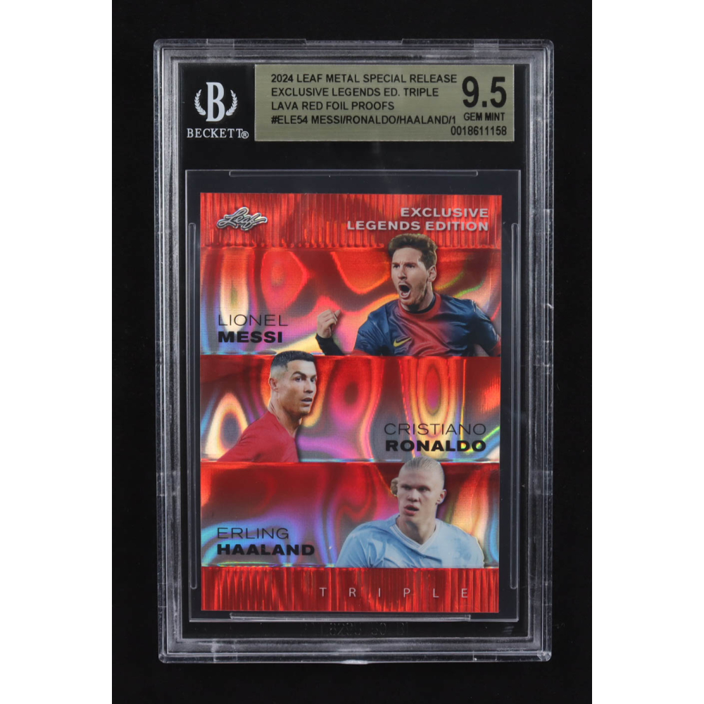 Lionel Messi / Erling Haaland / Cristiano Ronaldo 2024 Leaf Metal Special Release Exclusive Legends Ed. Triple Lava Red Foil Proofs #ELE54 (BGS 9.5) at PristineAuction.com