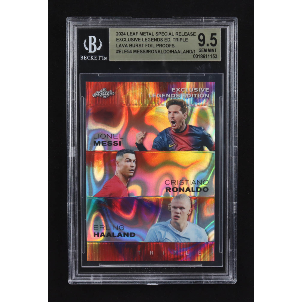 Lionel Messi / Erling Haaland / Cristiano Ronaldo 2024 Leaf Metal Special Release Exclusive Legends Ed. Triple Lava Burst Foil Proofs #ELE54 (BGS 9.5) at PristineAuction.com