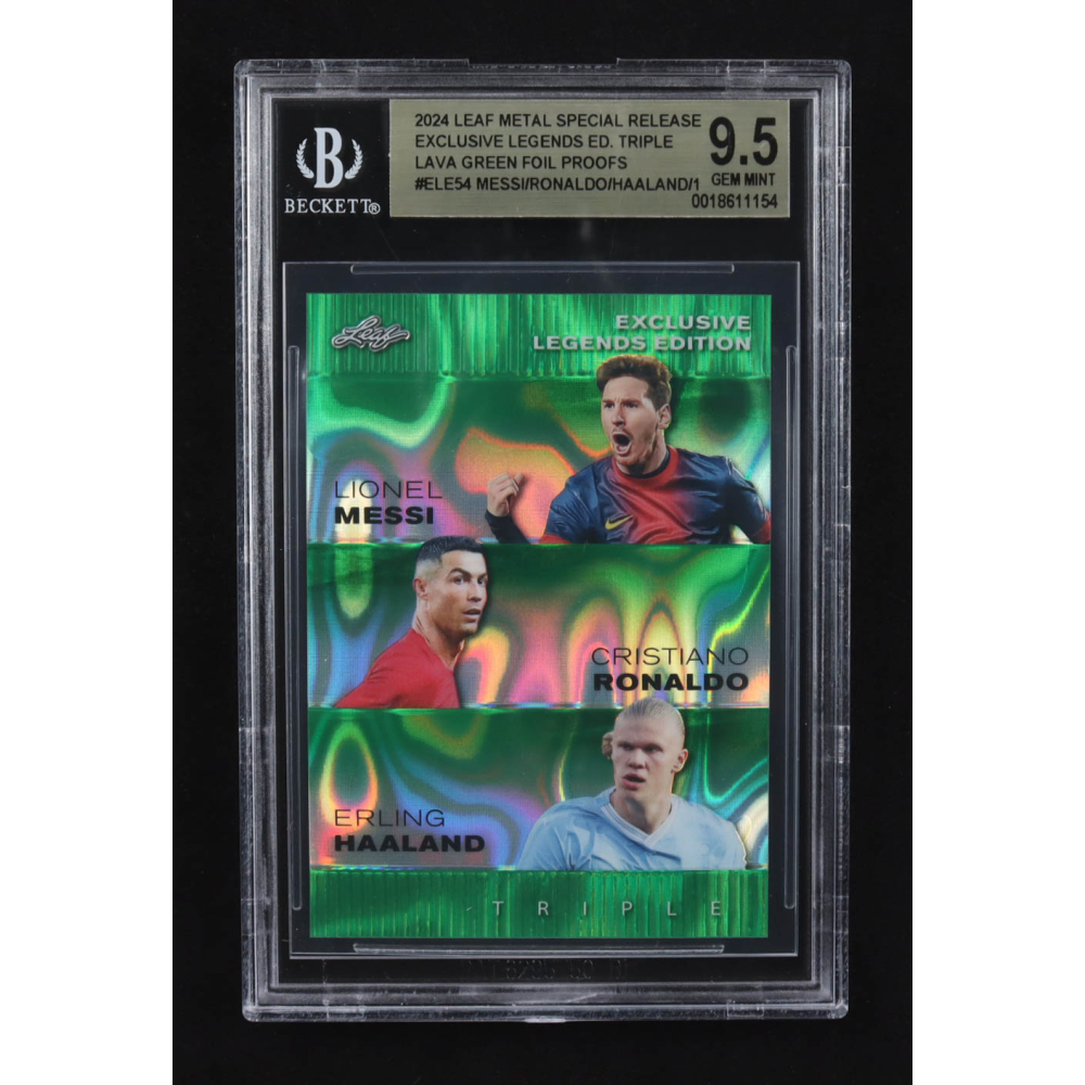 Lionel Messi / Erling Haaland / Cristiano Ronaldo 2024 Leaf Metal Special Release Exclusive Legends Ed. Triple Lava Green Foil Proofs #ELE54 (BGS 9.5) at PristineAuction.com