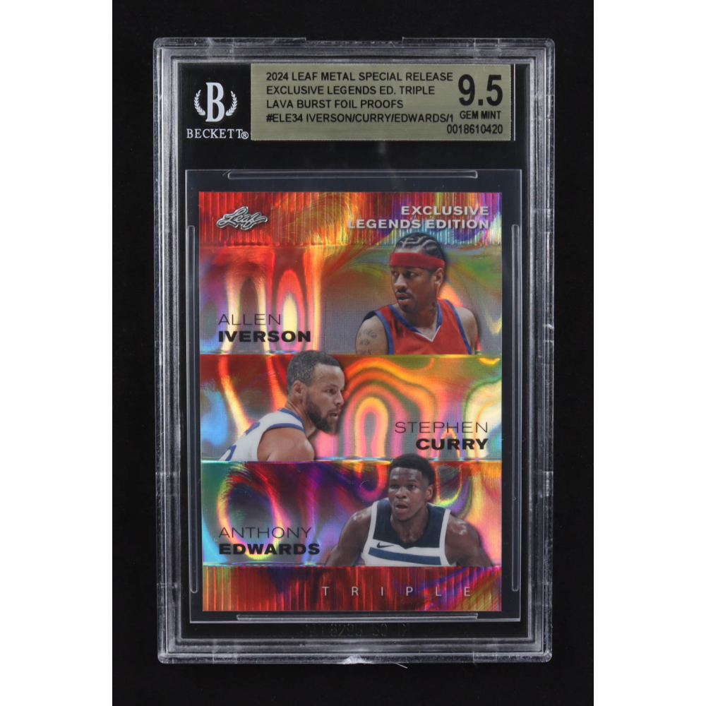 Allen Iverson / Anthony Edwards / Stephen Curry 2024 Leaf Metal Special Release Exclusive Legends Ed. Triple Lava Burst Foil Proofs #ELE34 (BGS 9.5) at PristineAuction.com