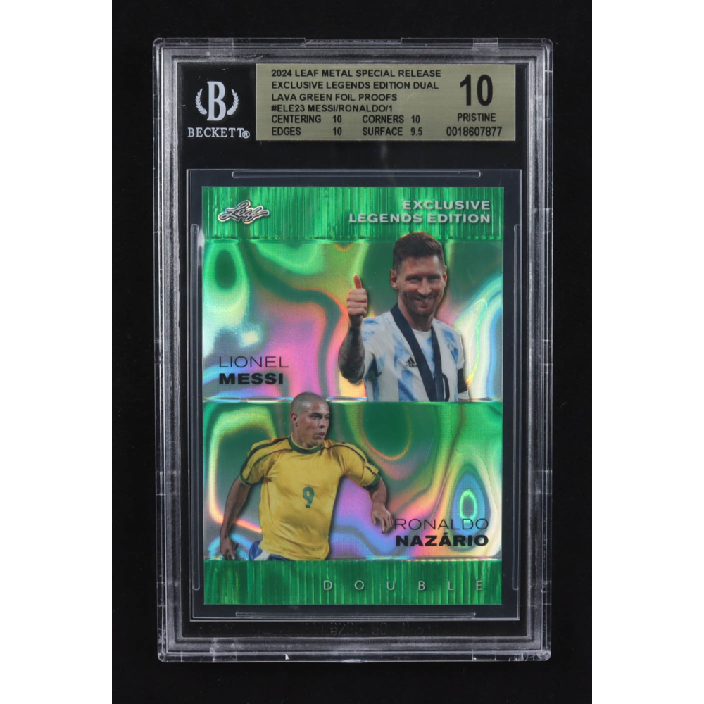 Lionel Messi / Ronaldo Nazario 2024 Leaf Metal Special Release Exclusive Legends Ed. Dual Lava Green Foil Proofs #ELE23 (BGS 10) at PristineAuction.com