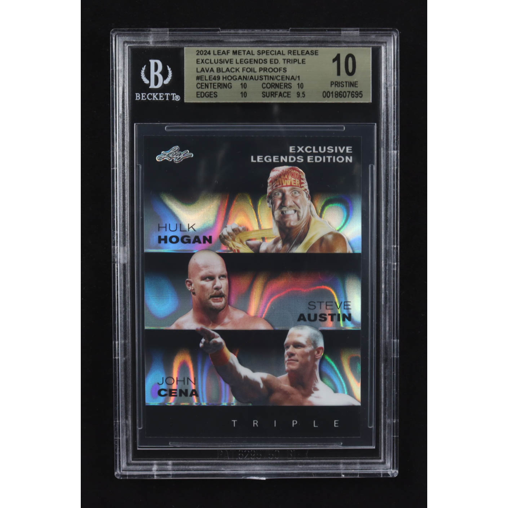 Steve Austin / Hulk Hogan / John Cena 2024 Leaf Metal Special Release Exclusive Legends Ed. Triple Lava Black Foil Proofs #ELE49 (BGS 10) at PristineAuction.com