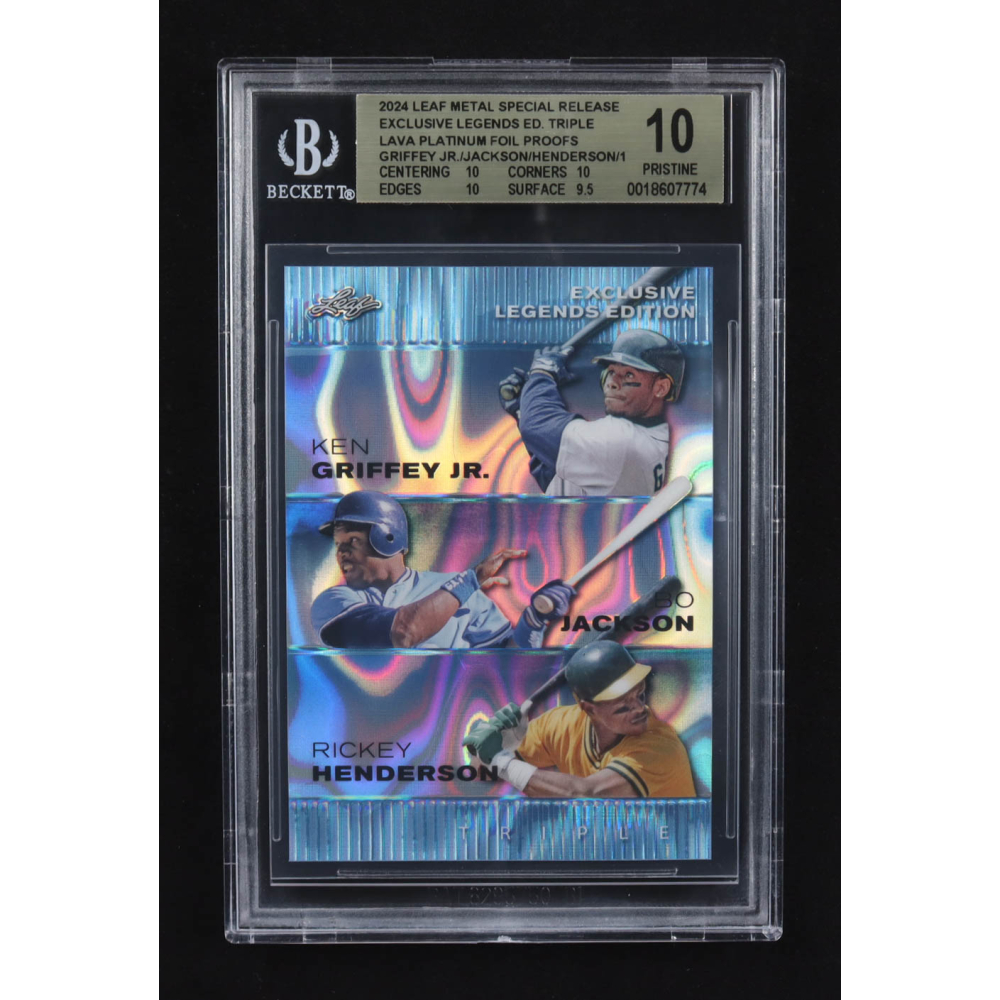 Ken Griffey Jr. / Bo Jackson / Rickey Henderson 2024 Leaf Metal Special Release Exclusive Legends Ed. Triple Lava Platinum Foil Proofs (BGS 10) at PristineAuction.com