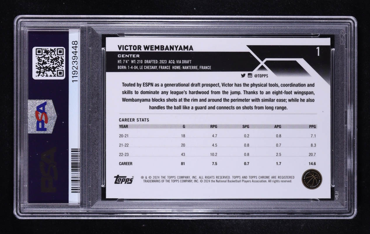 Victor Wembanyama 2023-24 Topps Chrome Sapphire #1 RC (PSA 9) at PristineAuction.com Victor Wembanyama 2023-24 Topps Chrome Sapphire #1 RC (PSA 9) at PristineAuction.com