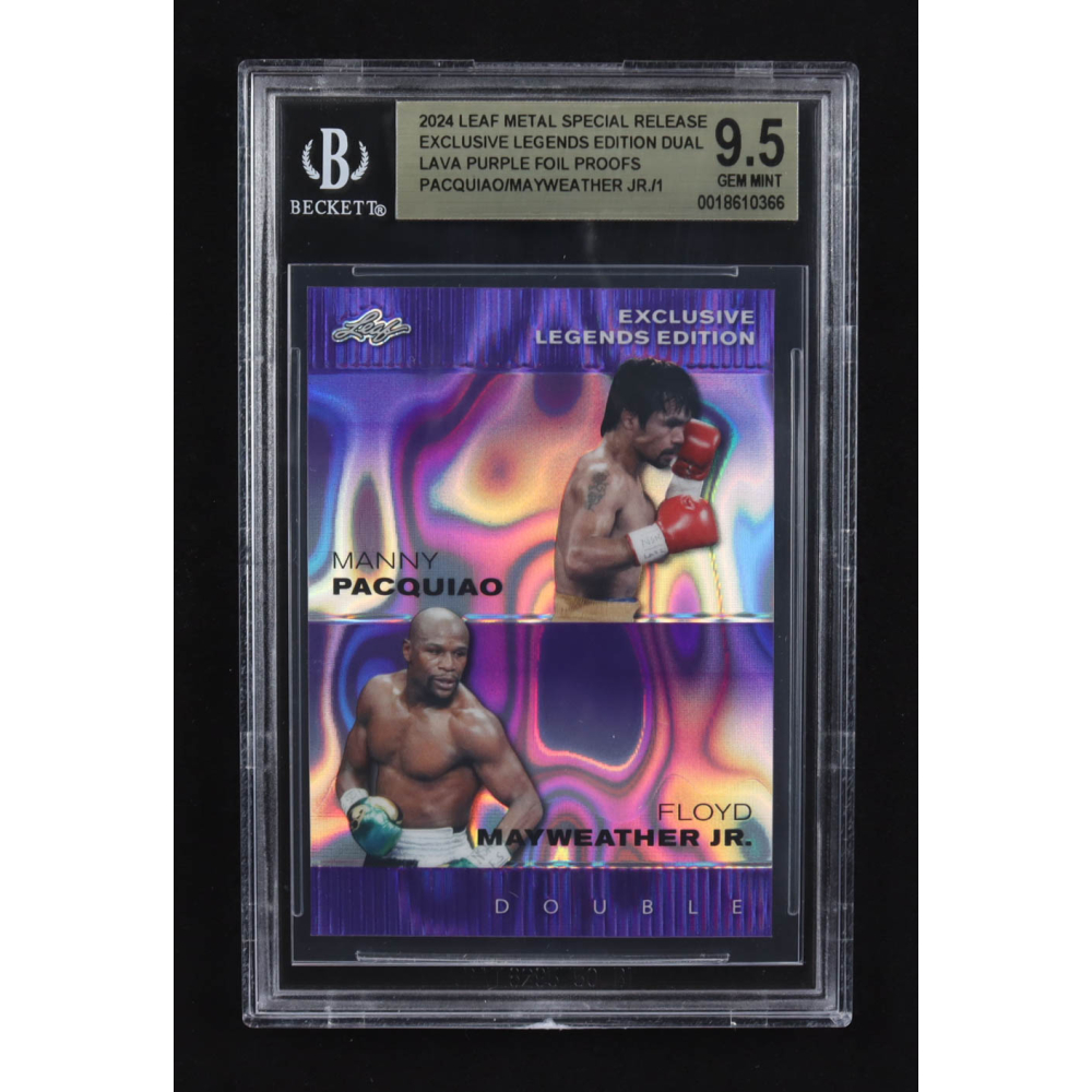 Manny Pacquiao / Floyd Mayweather Jr. 2024 Leaf Metal Special Release Exclusive Legends Ed. Dual Lava Purple Foil Proofs (BGS 9.5) at PristineAuction.com