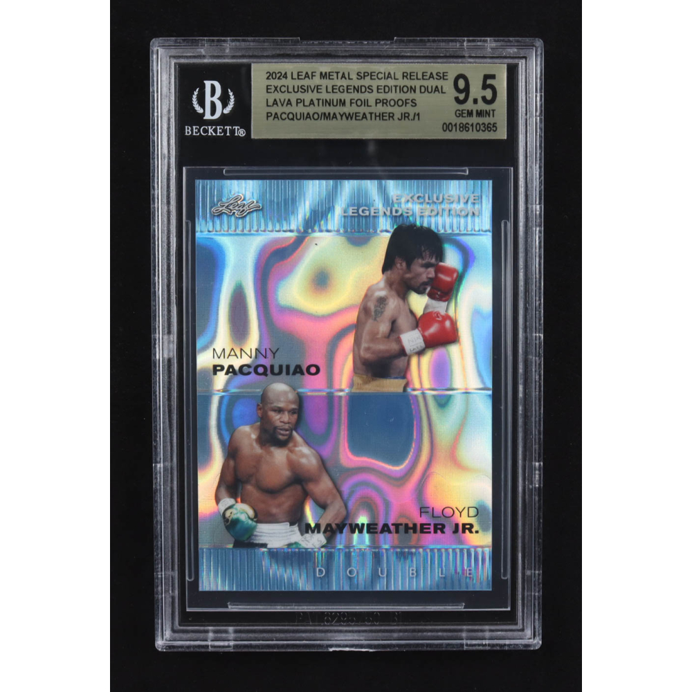 Manny Pacquiao / Floyd Mayweather Jr. 2024 Leaf Metal Special Release Exclusive Legends Ed. Dual Lava Platinum Foil Proofs (BGS 9.5) at PristineAuction.com