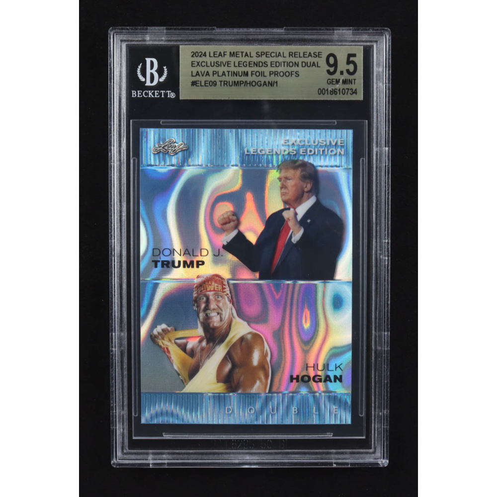 Donald J. Trump / Hulk Hogan 2024 Leaf Metal Special Release Exclusive Legends Ed. Dual Platinum Foil Proofs #ELE09 (BGS 9.5) at PristineAuction.com
