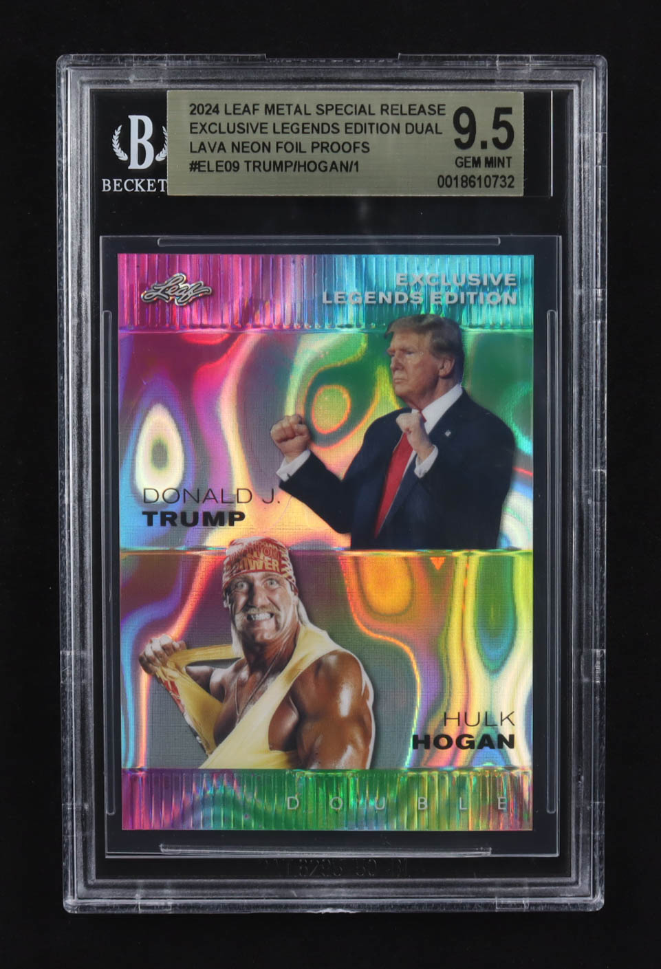 Donald J. Trump / Hulk Hogan 2024 Leaf Metal Special Release Exclusive Legends Ed. Dual Neon Foil Proofs #ELE09 (BGS 9.5) at PristineAuction.com Donald J. Trump / Hulk Hogan 2024 Leaf Metal Special Release Exclusive Legends Ed. Dual Neon Foil Proofs #ELE09 (BGS 9.5) at PristineAuction.com