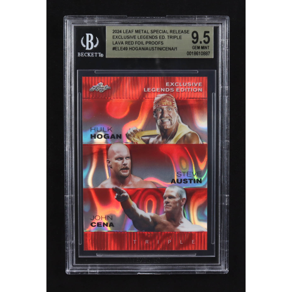 Steve Austin / Hulk Hogan / John Cena 2024 Leaf Metal Special Release Exclusive Legends Ed. Triple Lava Red Foil Proofs #ELE49 (BGS 9.5) at PristineAuction.com