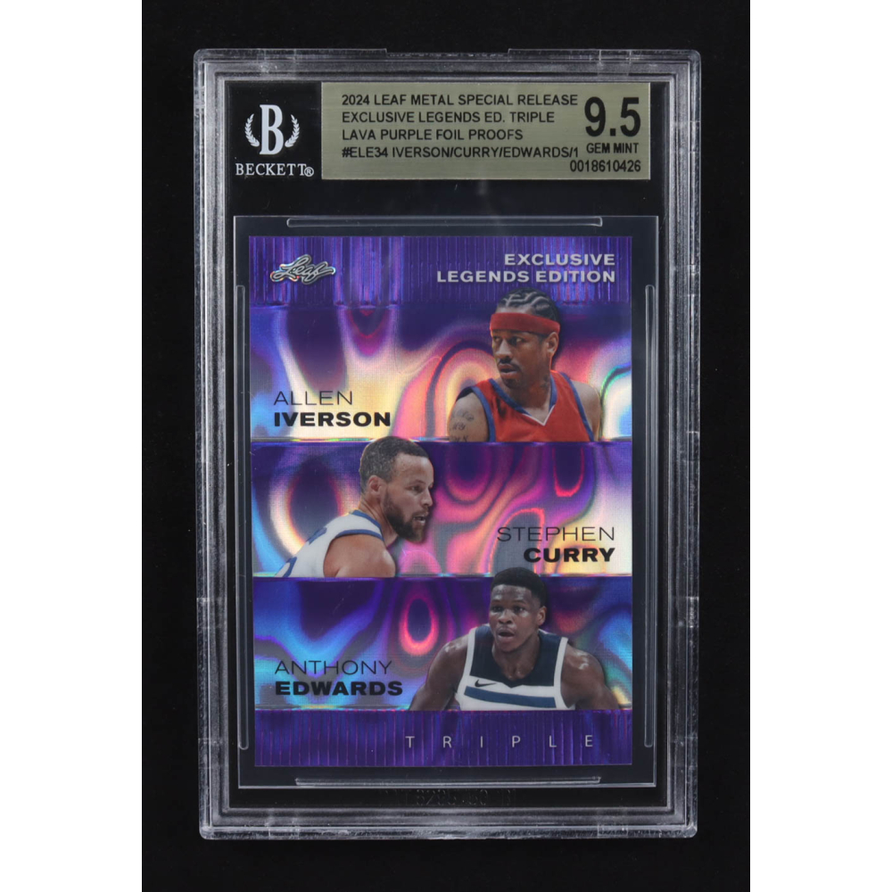 Allen Iverson / Anthony Edwards / Stephen Curry 2024 Leaf Metal Special Release Exclusive Legends Ed. Triple Lava Purple Foil Proofs #ELE34 (BGS 9.5) at PristineAuction.com