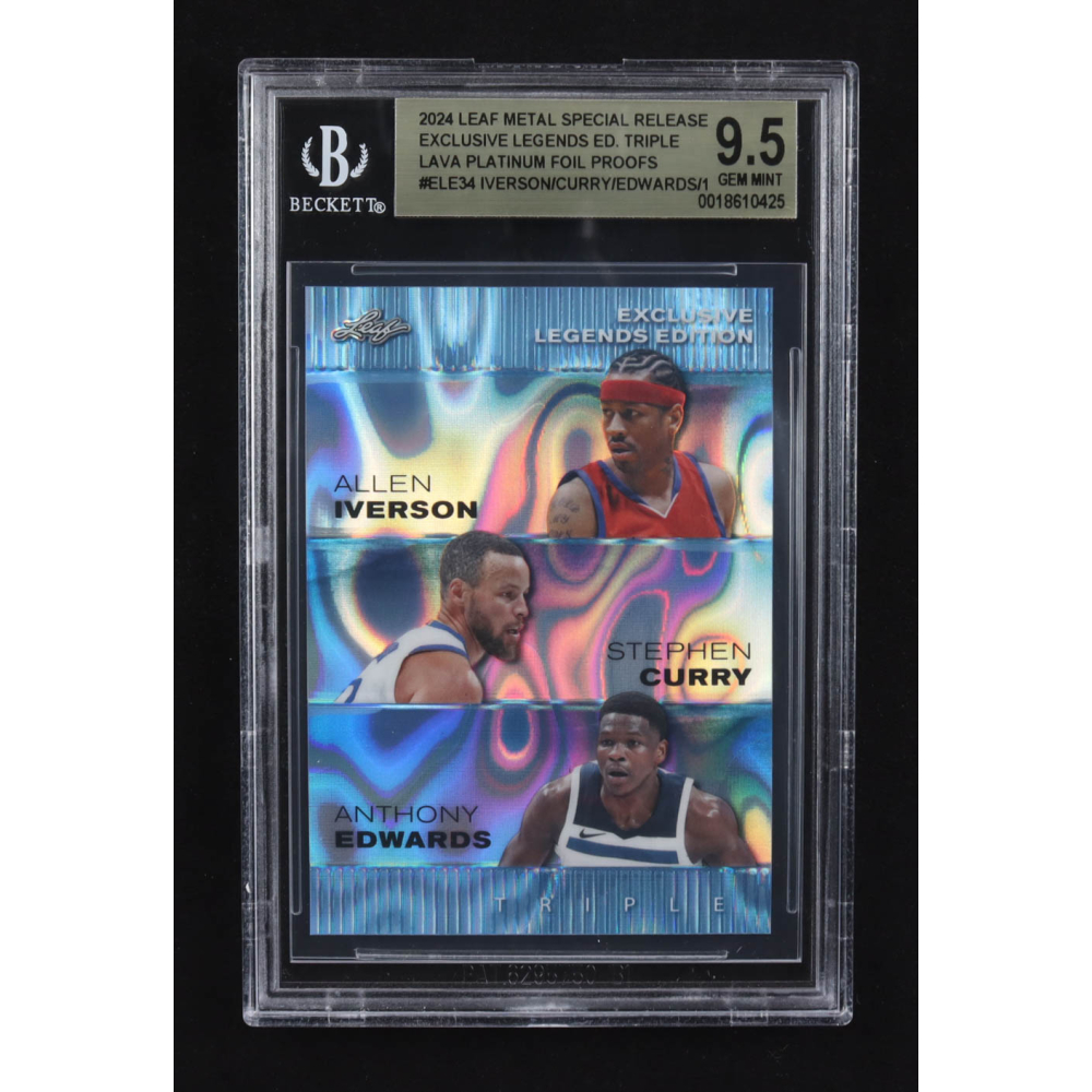 Allen Iverson / Anthony Edwards / Stephen Curry 2024 Leaf Metal Special Release Exclusive Legends Ed. Triple Lava Platinum Foil Proofs #ELE34 (BGS 9.5) at PristineAuction.com