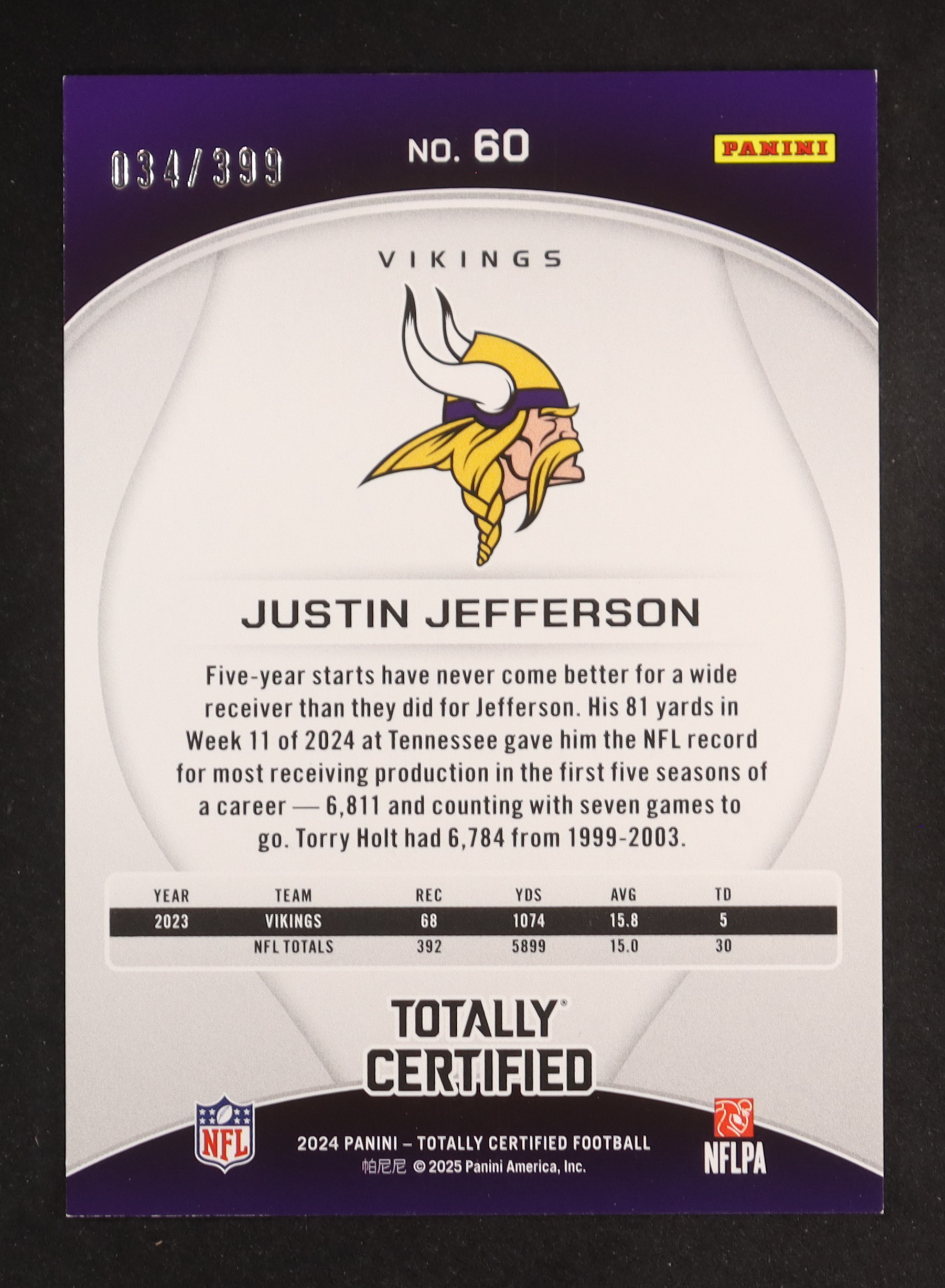 Justin Jefferson 2024 Totally Certified Mirror Neon Orange #60 #034/399 at PristineAuction.com Justin Jefferson 2024 Totally Certified Mirror Neon Orange #60 #034/399 at PristineAuction.com