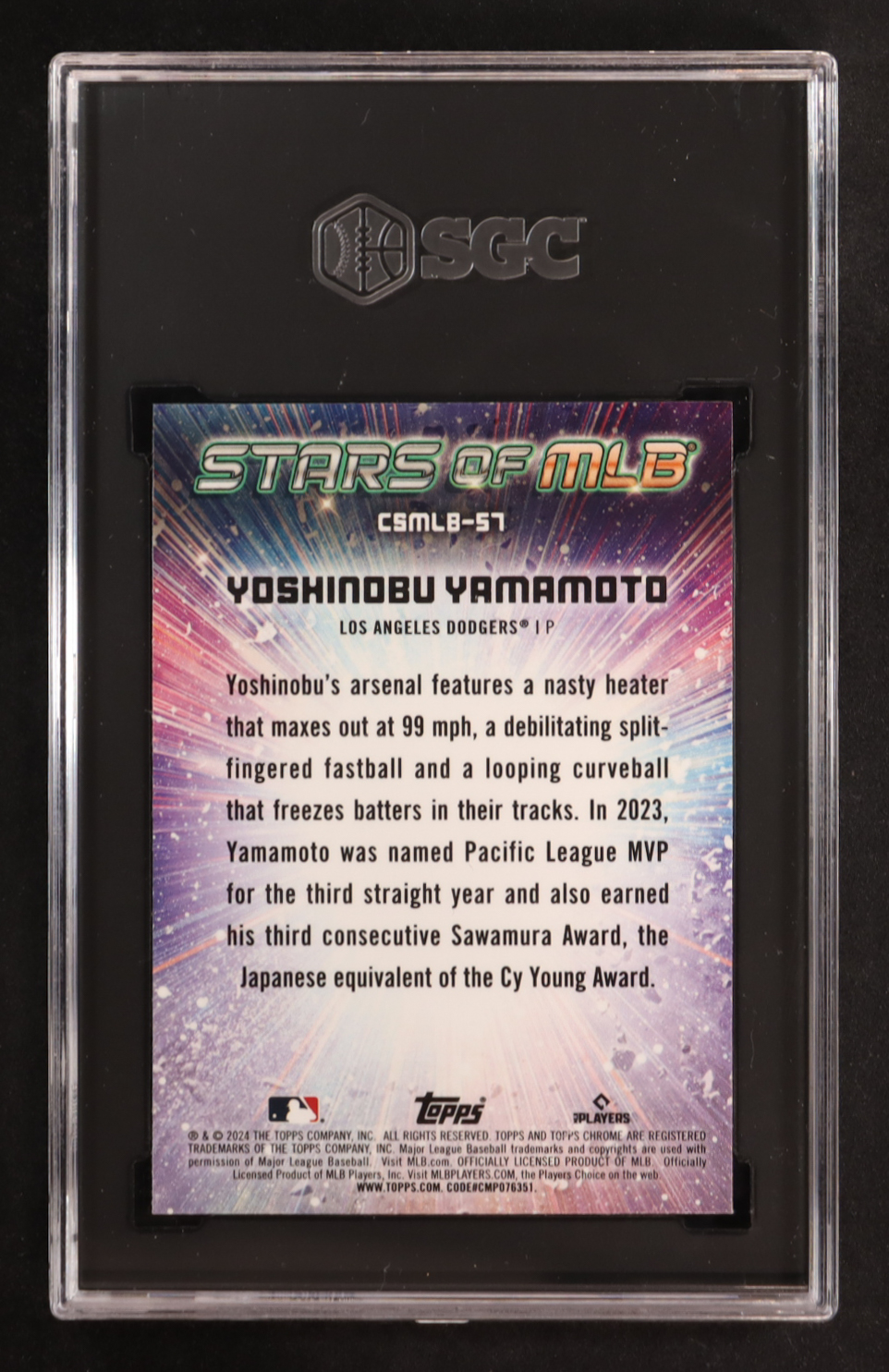 Yoshinobu Yamamoto 2024 Topps Stars of MLB Chrome #CSMLB57 RC (SGC 10) at PristineAuction.com Yoshinobu Yamamoto 2024 Topps Stars of MLB Chrome #CSMLB57 RC (SGC 10) at PristineAuction.com