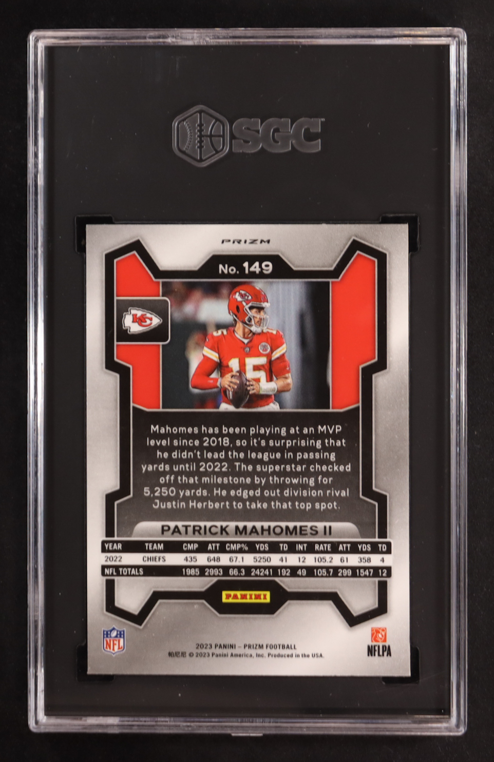 Patrick Mahomes II 2023 Panini Prizm Prizms Orange Lazer #149 (SGC 10) at PristineAuction.com Patrick Mahomes II 2023 Panini Prizm Prizms Orange Lazer #149 (SGC 10) at PristineAuction.com