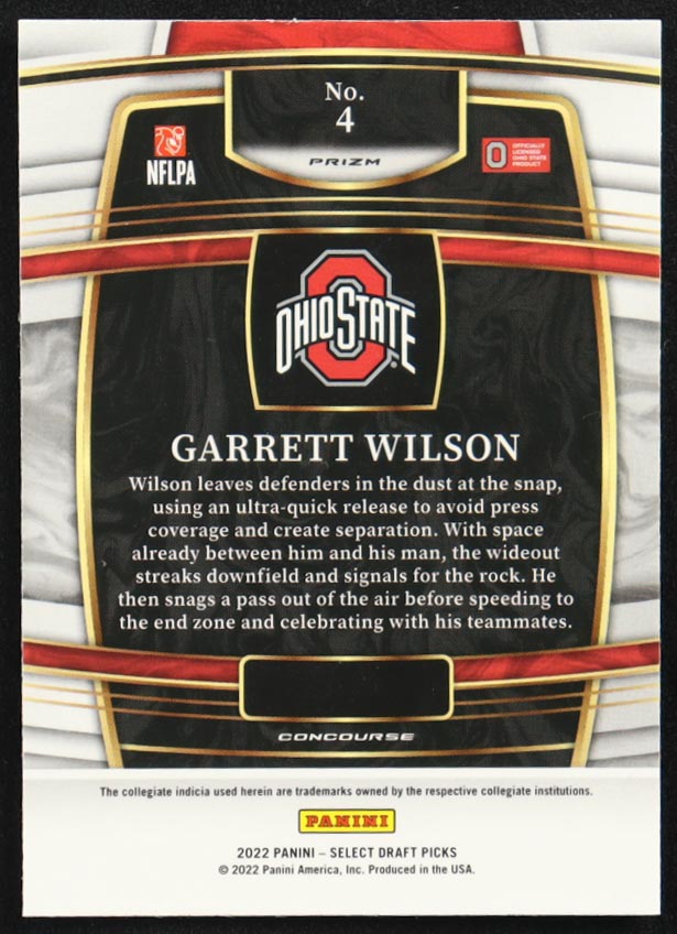 Garrett Wilson 2022 Select Draft Picks Prizms White Lazer #4 RC at PristineAuction.com Garrett Wilson 2022 Select Draft Picks Prizms White Lazer #4 RC at PristineAuction.com