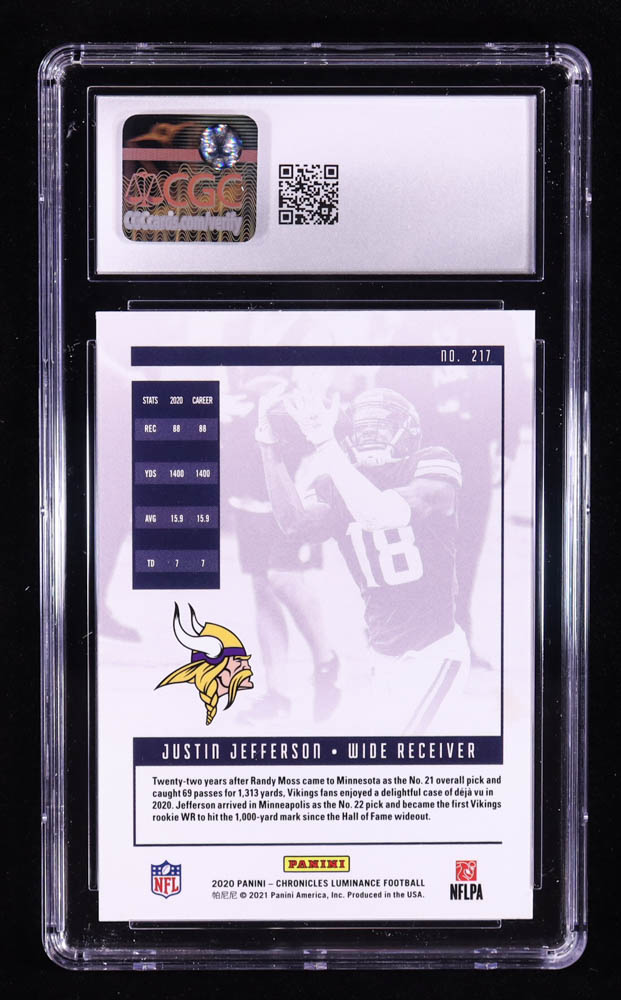 Justin Jefferson 2020 Panini Luminance #217 RC / CHRONICLES (CGC 10) at PristineAuction.com Justin Jefferson 2020 Panini Luminance #217 RC / CHRONICLES (CGC 10) at PristineAuction.com