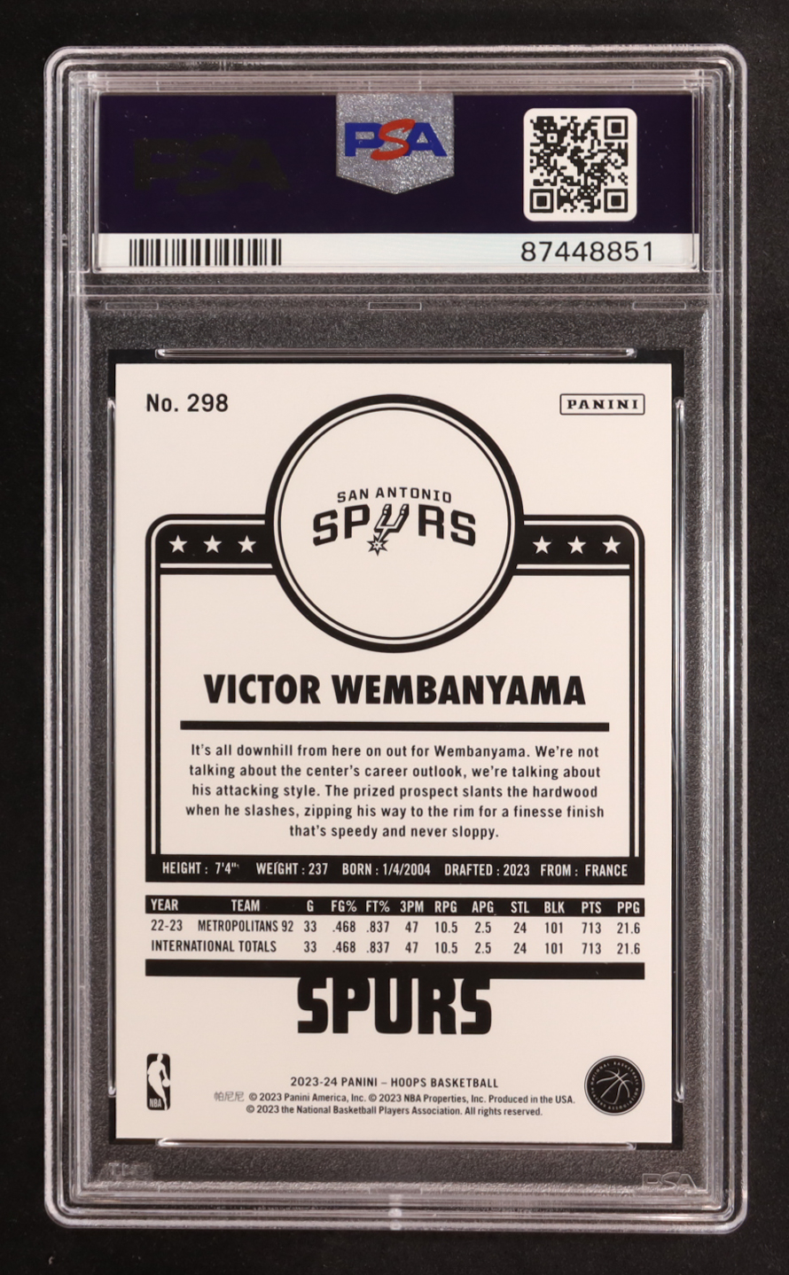 Victor Wembanyama 2023-24 Hoops #298 RC (PSA 10) at PristineAuction.com Victor Wembanyama 2023-24 Hoops #298 RC (PSA 10) at PristineAuction.com