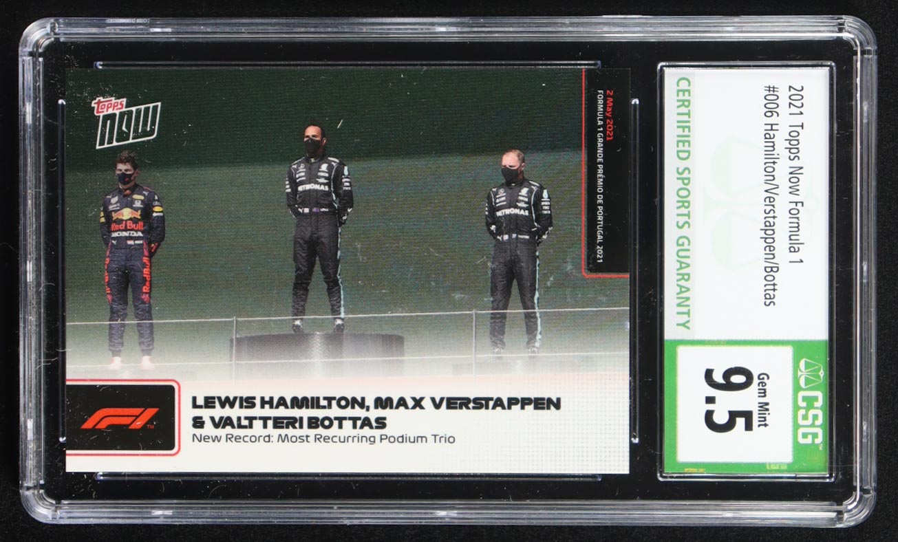 Lewis Hamilton / Max Verstappen / Valtteri Bottas 2021 Topps Now Formula 1 #6 (CSG 9.5) at PristineAuction.com Lewis Hamilton / Max Verstappen / Valtteri Bottas 2021 Topps Now Formula 1 #6 (CSG 9.5) at PristineAuction.com