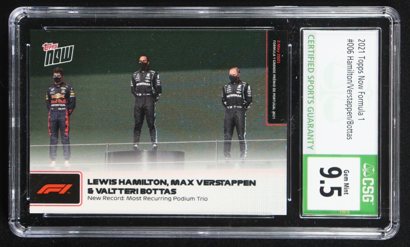 Lewis Hamilton / Max Verstappen / Valtteri Bottas 2021 Topps Now Formula 1 #6 (CSG 9.5) at PristineAuction.com Lewis Hamilton / Max Verstappen / Valtteri Bottas 2021 Topps Now Formula 1 #6 (CSG 9.5) at PristineAuction.com