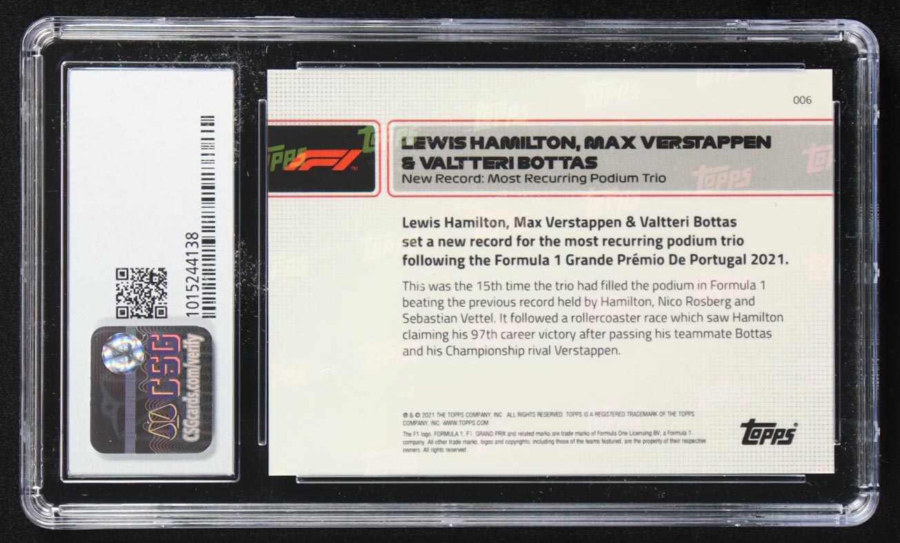 Lewis Hamilton / Max Verstappen / Valtteri Bottas 2021 Topps Now Formula 1 #6 (CSG 9.5) at PristineAuction.com Lewis Hamilton / Max Verstappen / Valtteri Bottas 2021 Topps Now Formula 1 #6 (CSG 9.5) at PristineAuction.com