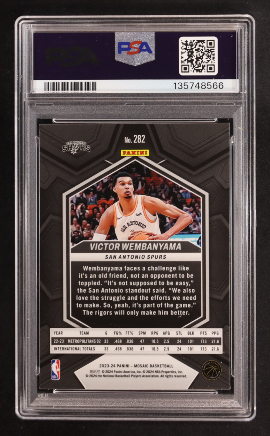 Victor Wembanyama 2023-24 Panini Mosaic #282 RC / City Edition (PSA 9) at PristineAuction.com Victor Wembanyama 2023-24 Panini Mosaic #282 RC / City Edition (PSA 9) at PristineAuction.com