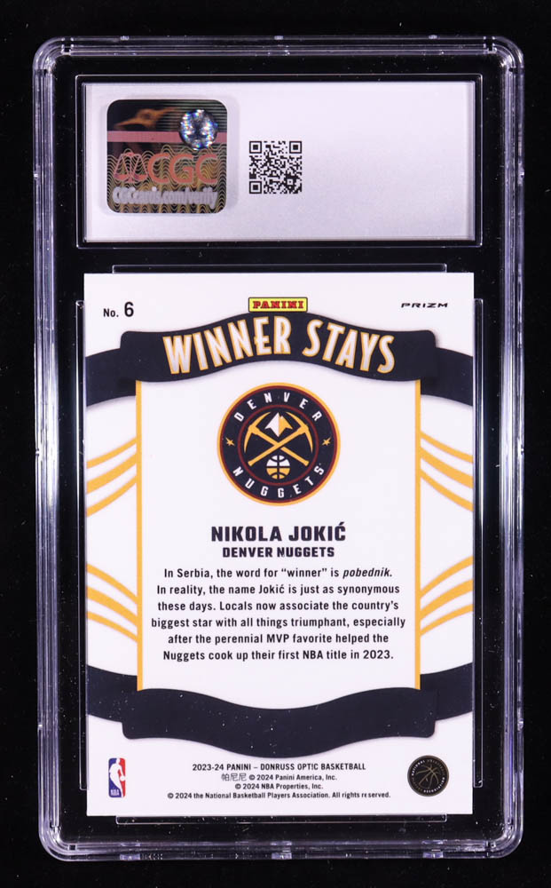 Nikola Jokic 2023-24 Donruss Optic Winner Stays Purple #6 (CGC 10) at PristineAuction.com Nikola Jokic 2023-24 Donruss Optic Winner Stays Purple #6 (CGC 10) at PristineAuction.com