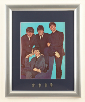 1964 "The Beatles" Custom Framed Photo Display with Set of (4) Vintage Nems Pewter Pin at PristineAuction.com